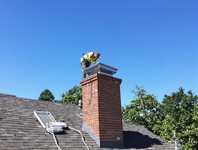 Monroe Chimney Sweep technician measuring a chimney cap in Monroe, CT