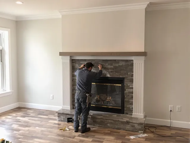 Monroe Chimney Sweep finishing a custom fireplace install in Monroe, CT